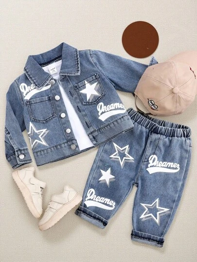 SHEIN Playful Pals 男女宝宝字母星星图案牛仔长袖衬衫夹克和印花牛仔裤套装，适合所有季节的时尚服装，非常适合户外玩耍、拍照、学龄前和日常穿着