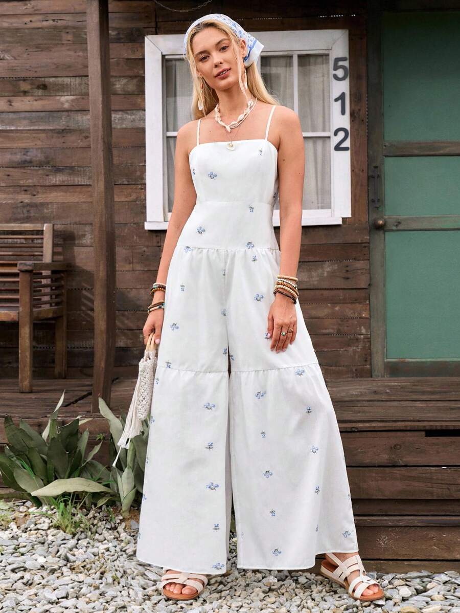 LanaWest 女式宽腿重工刺绣花卉细肩带连体裤 - 白色 - 查看 1