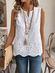 EMERY ROSE Notched Neckline Scallop Trim Eyelet Embroidery Blouse For Summer - White - View 7