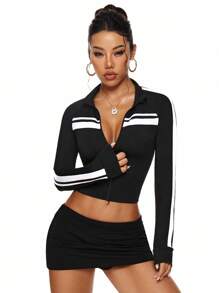 Easithlete 女士条纹插肩袖拉链修身运动夹克 - 黑與白 - 查看 8