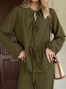 WOMEN TWO PIECES OUTFIT WITH TIE KNOT DETAILED - Army Green - View 5