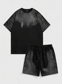 ROMWE MEN Street Life Men's Color Block Round Neck Short Sleeve T-Shirt & Drawstring Waist Shorts Set - Black - View 1