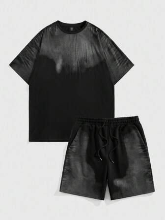 Grunge Punk Ensemble t-shirt à manches courtes col rond bicolore et short à cordon de serrage pour hommes