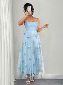 Elenzga Robe bleue à fleurs 3D en maille à bretelles pour grandes tailles, design élégant pour les sorties, les rendez-vous, les vacances, convient pour le printemps/l'été - Bleu azur - Voir 4