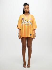 SUMWON WOMEN Camiseta de cuello en V tipo balón de verano con estampado de rayas hawaianas Aloha, gráficos retro con diseño de la isla de Hawai y flor de hibisco para vacaciones en la playa, con silueta oversize