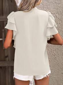 EMERY ROSE 女式简约纯色荷叶边领衬衫，夏季 - 杏色 - 查看 2