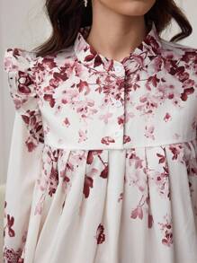 Al Najma Damen Blume Muster Stehkragen Laternenmärmmel Patchwork Volant Saum Loose Langes Kleid