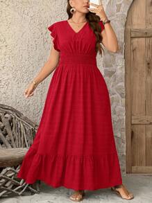 SHEIN CURVE+ 大码女式纹理面料飘逸长裙，夏季毕业礼服，7月4日白色毕业典礼服装 - 紅色 - 查看 3