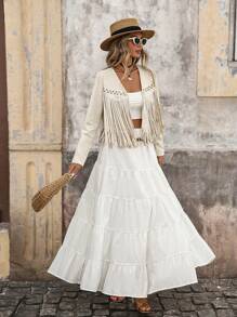 Brillora Women's Solid Color Fringe Trim Open Front Jacket In Fall/Winter