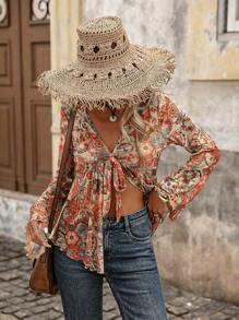 Brillora 女士佩斯利印花网眼长袖前系带不对称下摆上衣