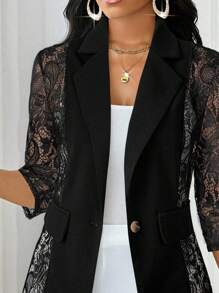 SHEIN Lady 四季黑色西装女西装外套女大衣蕾丝拼接优雅西装黑色蕾丝西装外套秋冬 - 黑色 - 查看 8