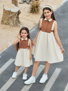 SHEIN Vestido informal y cómodo para bebé niña con bloqueo de color en patchwork, cuello y decoración de moño - Caqui - Ver 2