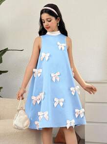 SHEIN Tween Girls' Casual Elegant Bow & 3D Floral Ruffle Back Bow Decor Stand Collar Sleeveless Maxi Dress, Suitable For Party, Wedding, Special Occasions - Baby Blue - View 4