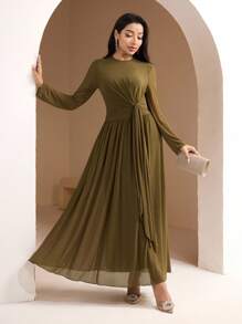 Veilorie Tie Strap, Bow, Ruffle Trim Flowing Dress For Summer Beach Vacation - Army Green - View 2