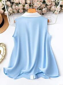 SHEIN Plus Size Casual Loose Sleeveless Blouse, Simple Contrast Color, Suitable For Daily Office Wear - Baby Blue - View 2
