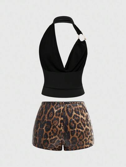 Grunge Punk Conjunto de 2 piezas de top de tirantes con cuello drapeado de unicolor y shorts con lentejuelas de leopardo, de moda