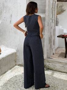 Livesso Women's Striped Crew Neck Sleeveless Top & Loose Casual Wide Leg Pant Set