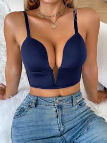 SHEIN 1pc Women's Solid Color Sexy Deep V-Neck Backless Bra - Navy Blue - View 5