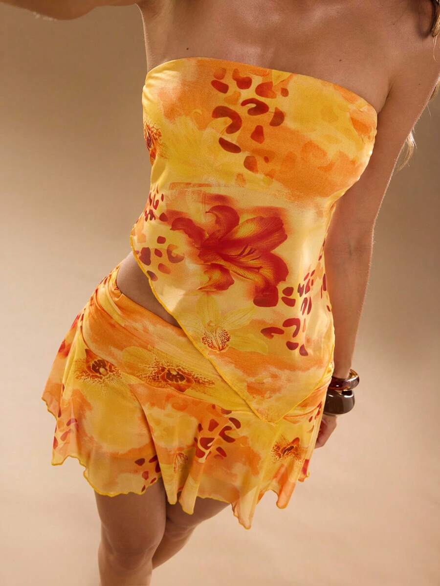 SHEIN BAE 女士花卉印花不对称下摆抹胸和裙子两件套,夏季假日 - 橘色 - 查看 1