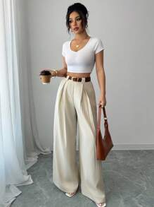 Selianne Quần ống rộng lưng cao màu trơn thường ngày - Màu be - Xem 7