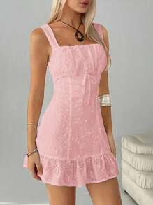 Easelle Elegant Pink Mini Dress With Flounce Hem And Comfortable Sleeveless Design Pink Embroidered Dress - Pink - View 4
