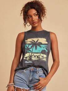 SHEIN VCAY 休闲简约常规圆领无袖棕榈树度假图案修身背心，适合夏季穿着