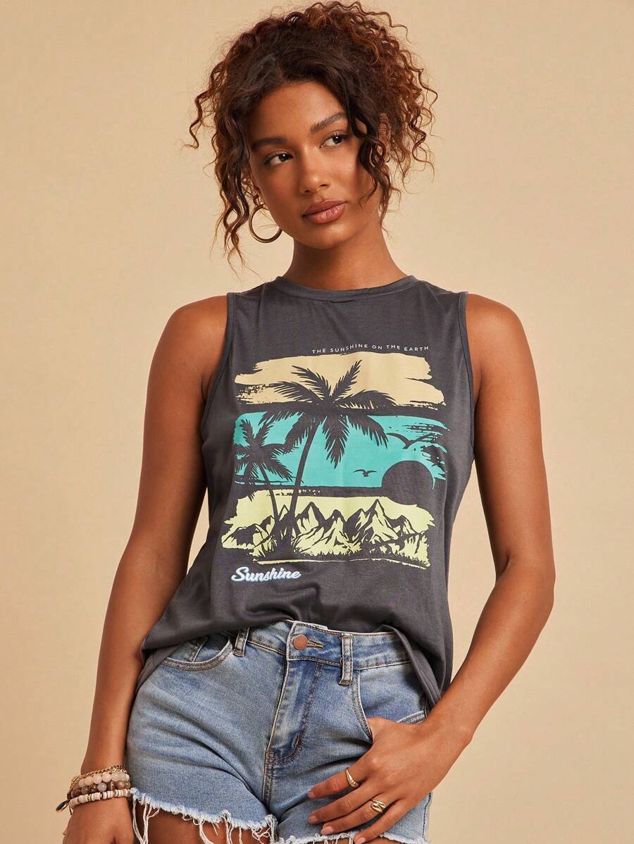 SHEIN VCAY 休闲简约常规圆领无袖棕榈树度假图案修身背心，适合夏季穿着