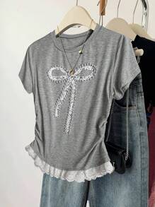 Flirla Plus Size Women French Style Casual Round Neck Bow Decor Short Sleeve T-Shirt, Summer - Light Grey - View 1