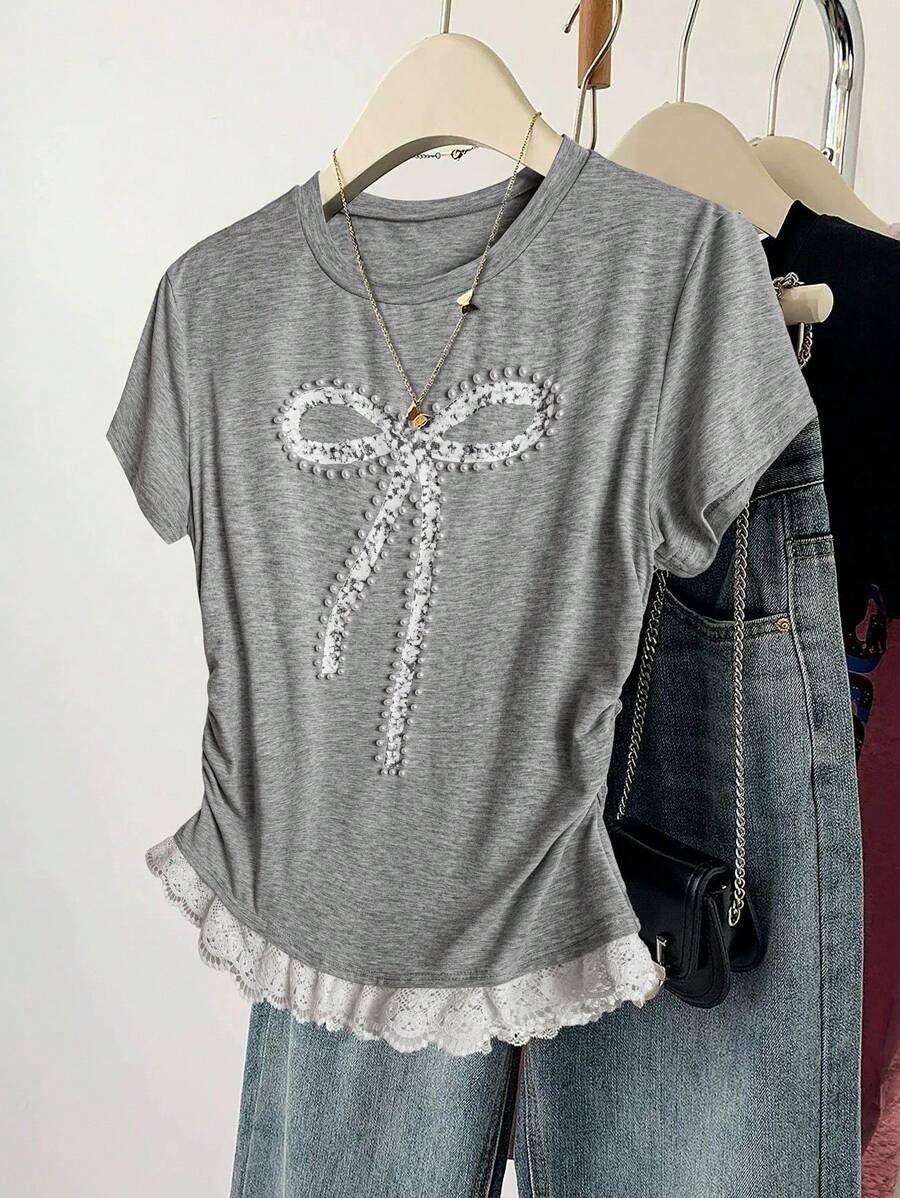Flirla Plus Size Women French Style Casual Round Neck Bow Decor Short Sleeve T-Shirt, Summer - Light Grey - View 1