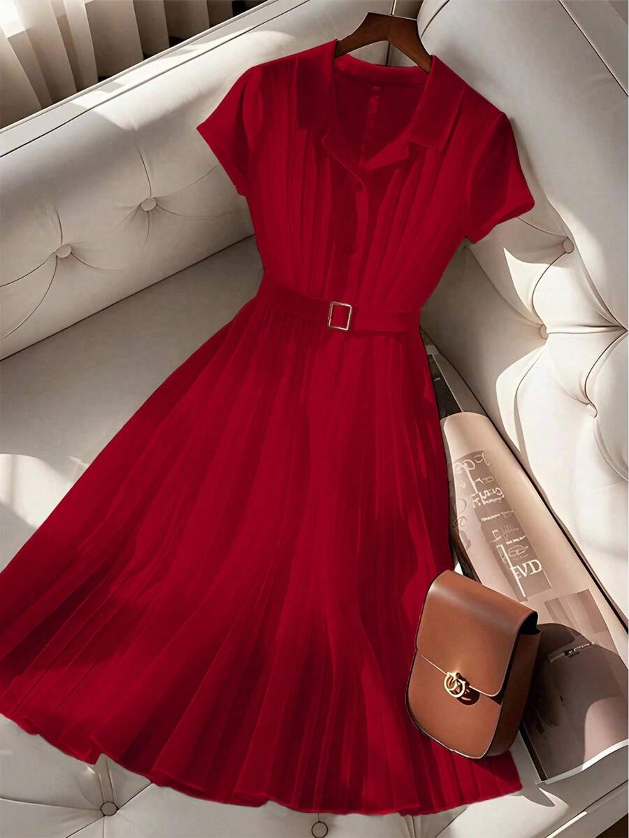 SHEIN Clasi 时尚新款优雅法式简约POLO领白色雪纺百褶夏季短袖红色连衣裙 - 紅色 - 查看 1