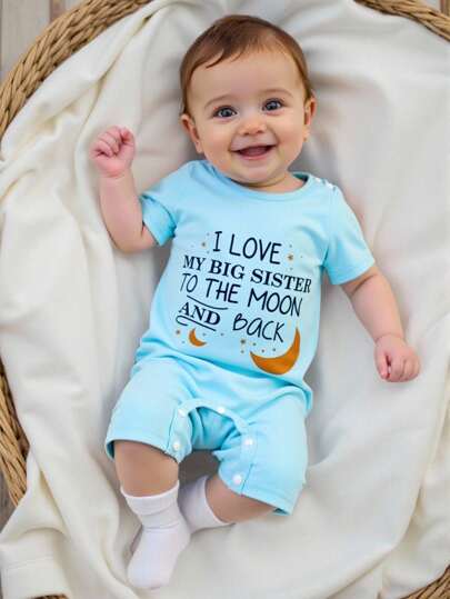Newborn Summer Casual Letter, Star, Moon Print Romper, Comfortable Jumpsuit For Outdoor Or Indoor Wear