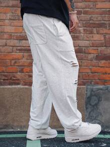 DAZY 男士春季破洞抽绳运动休闲篮球裤，宽松长裤男士慢跑裤 - 淺灰色 - 查看 3