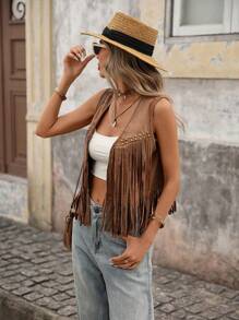 Brillora Fringe Trim Open Front Vest Summer Jacket In Fall/Winter