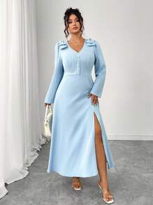 Elenzga Damen Große Größen Kleid mit V-Ausschnitt, schulterfrei mit Schleife, Taille gerafft, Perlenknöpfe, elegant und stilvoll - Verschiedenfarbig - Übersicht 5