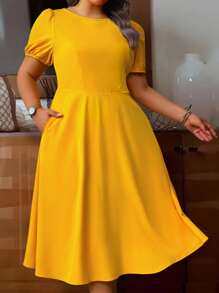 SHEIN Clasi Vestido de talla grande para mujer con cuello redondo, cintura recogida, falda paraguas y bolsillos, elegante - Naranja - Ver 5