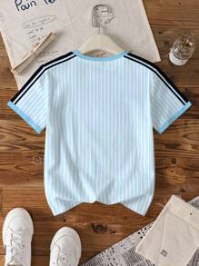 THE POWERPUFF GIRLS X SHEIN Tween Girl Casual Athleisure Contrast Striped Cartoon & Letter Graphic Short Sleeve T-Shirt, Summer - White - View 2