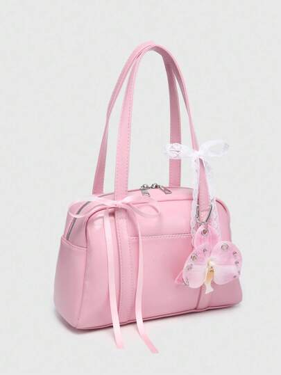 Kawaii Vintage Style Plaid Bow Tie Strap Charry Heart Decor One Shoulder Underarm Tote Bag With Multiple Pockets, For Women