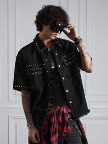 ROMWE MEN Street Life Men's Street Casual Frayed Button Short Sleeve Denim Shirt - Black - View 8