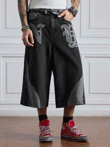 ROMWE MEN Street Life Men's Letter Graphic Pocket Contrast Color Wide Leg Capri Jeans - Black - View 6