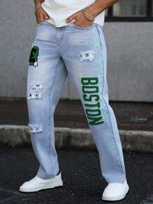 Manfinity LEGND Men's Street Casual Distressed Patchwork Embroidered Patch Rivet Decor Ripped Jeans Streetwear Jeans Men Graphic Jeans Patched For Tapered - Light Wash - View 8