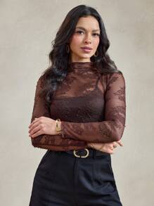 Wildy Old Money Teacher Modest Coffee Brown Lace Top Going Out Tops Women Women's Brown Mesh Lace Sheer Country Music Festival Crop Top, Summer Women Western Wear Business Casual Woman Lace Top Chocolate Brown Lace Top Brown Lace Long Sleeve Top Burgundy Top - Coffee Brown - View 4