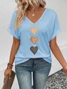 EMERY ROSE 女式 V 领荷叶边袖渐变心形印花休闲 T 恤，百搭春夏季