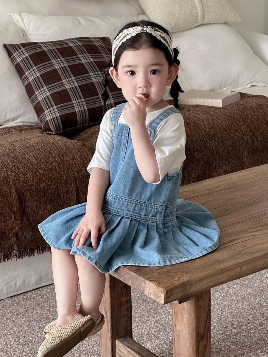 Dazy Kids 韩版女童婴幼儿休闲褶皱牛仔背带连衣裙 - 藍色 - 查看 1
