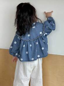 Dazy Kids Áo sơ mi denim in họa tiết cổ Peter Pan giản dị cho bé gái mới biết đi - Màu xanh lam - Xem 2