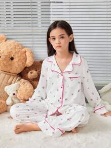 SHEIN 女大童碎花拼接滾邊睡衣套裝 - 白色 - 查看 2