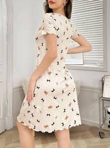 Lace Patchwork Square Collar, 2 Button, Bear & Bow Print Ribbed Short Sleeve Nightgown Babydoll Bowknot