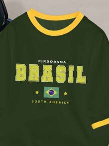 Camiseta de parche para hombres Manfinity Hypemode, con estampado de elementos y letras de fútbol de Brasil en verde y amarillo, manga corta con contraste de color de parche - Verde militar - Ver 4