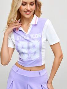 SHEIN Sports 女式撞色数字印花短袖运动 Polo 衫 - 彩色 - 查看 5