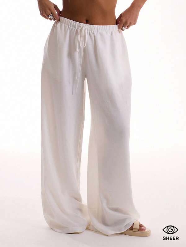 MUSERA Holiday Textured Linen Feel Tie Waist Trouser Vacation Summer Spring Elegant Beachwear Boho Casual Airport