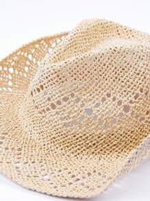 MUSERA 草编牛仔帽卷边草编蝴蝶结沙滩帽防晒透气西部节日 - 卡其色 - 查看 3